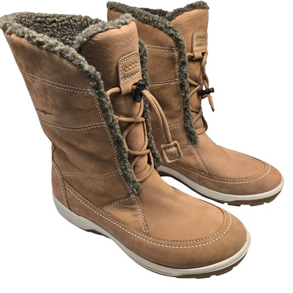Ecco Hydromax Mid-Calf Tan Leather Water Resistant Toggle Lace-up Boots US 8-8.5 - Picture 1 of 10